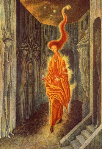 "The Call" by Remedios Varo depicts a mystical figure in vibrant orange robes, exuding a radiant aura as it traverses a surreal hallway lined with shadowy figures embedded into the walls. Varo's painting combines elements of the fantastical and the introspective, reflecting her deep interest in mysticism and metaphysical exploration.