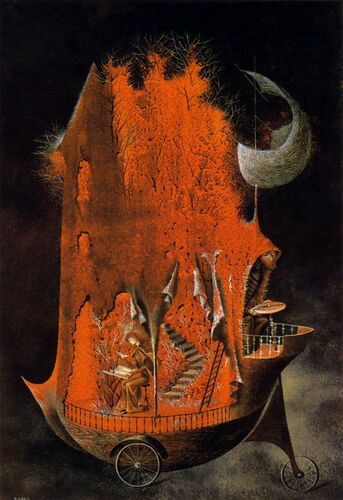 "The Emigrants" by Remedios Varo depicts a fantastical, mobile structure where figures appear to embark on a mysterious journey within a ship-like contraption enveloped in vibrant orange foliage and ethereal forms. Varo's Surrealist style captures themes of transition and exploration, reflecting her own often-nomadic life and deep interest in mysticism and inner worlds.