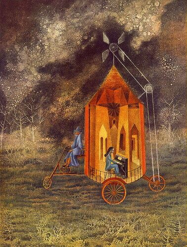 In "Caravan," Remedios Varo depicts a whimsical, mobile structure resembling a fantastical vehicle with a wind-powered machine and two figures engaging in mysterious activities. The intricate details and dreamlike atmosphere are characteristic of Varo's surrealist style, blending scientific precision with mystical themes.