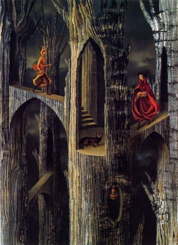 "Plant Architecture" by Remedios Varo features enigmatic figures navigating an intricate arboreal labyrinth, where tree trunks form arches and rooms. Varo's surreal vision blends mystical and architectural elements, showcasing her distinct style influenced by mysticism and the subconscious.