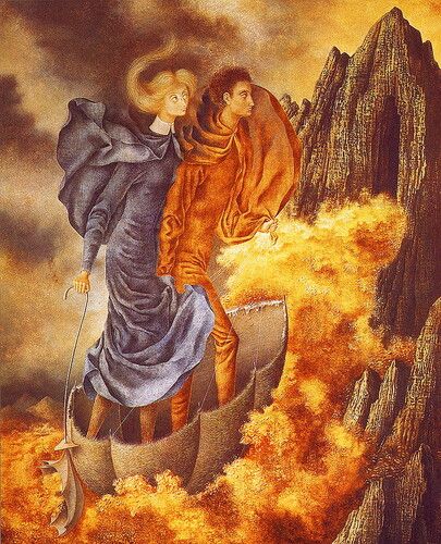 "The Flight" by Remedios Varo depicts two figures, clad in flowing robes, traversing a surreal landscape in a unique, vessel-like contrivance amidst swirling plumes of fiery cloud. The work exudes a sense of mystique often present in Varo's art, combining elements of fantasy and exploration, reflective of her interest in the mystical and the subconscious.