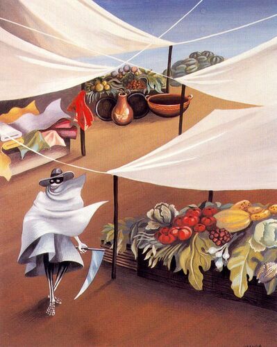 "The Pollution of the Water" by Remedios Varo depicts a surreal marketplace scene with a mysterious masked figure and an array of vibrant produce. Remedios Varo, known for her imaginative and mystical style, intertwines elements of fantasy and reality to explore themes of transformation and human impact on nature.