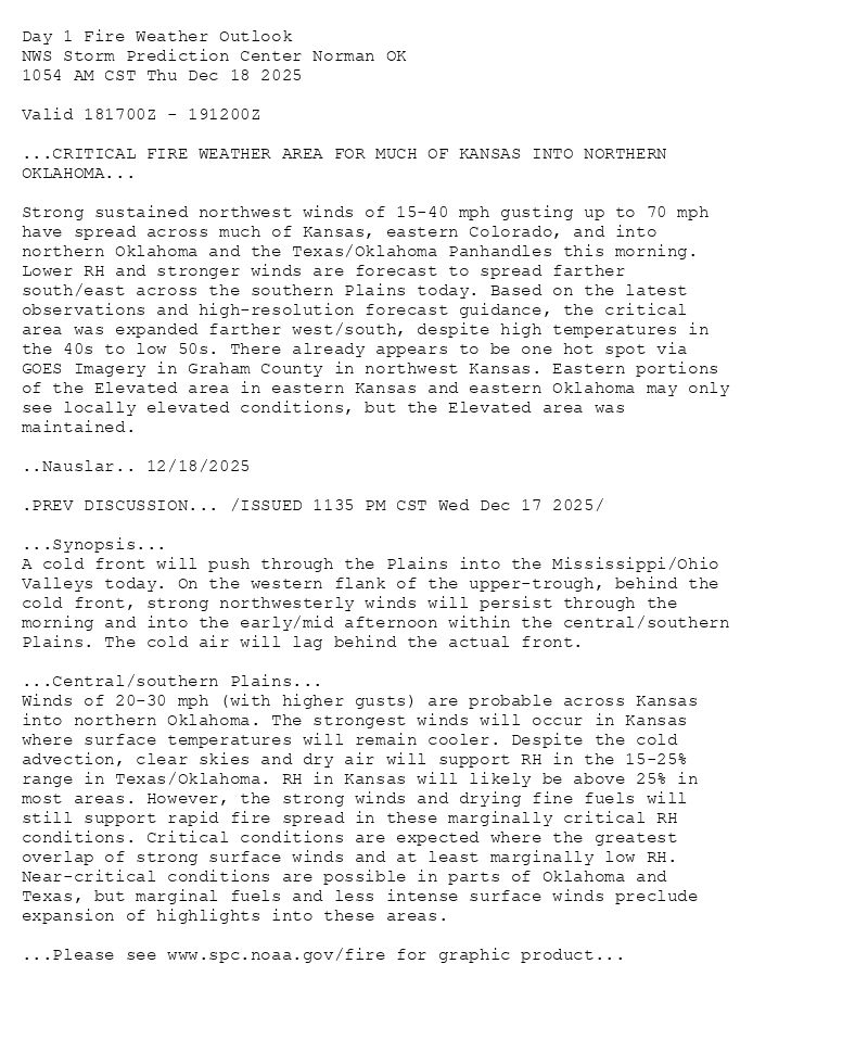 
Day 1 Fire Weather Outlook  
NWS Storm Prediction Center Norman OK
1054 AM CST Thu Dec 18 2025

Valid 181700Z - 191200Z

...CRITICAL FIRE WEATHER AREA FOR MUCH OF KANSAS INTO NORTHERN
OKLAHOMA...

Strong sustained northwest winds of 15-40 mph gusting up to 70 mph
have spread across much of Kansas, eastern Colorado, and into
northern Oklahoma and the Texas/Oklahoma Panhandles this morning.
Lower RH and stronger winds are forecast to spread farther
south/east across the southern Plains today. Based on the latest
observations and high-resolution forecast guidance, the critical
area was expanded farther west/south, despite high temperatures in
the 40s to low 50s. There already appears to be one hot spot via
GOES Imagery in Graham County in northwest Kansas. Eastern portions
of the Elevated area in eastern Kansas and eastern Oklahoma may only
see locally elevated conditions, but the Elevated area was
maintained.

..Nauslar.. 12/18/2025

.PREV DISCUSSION... /ISSUED 1135 PM CST Wed Dec 17 2025/

...Synopsis...
A cold front will push through the Plains into the Mississippi/Ohio
Valleys today. On the western flank of the upper-trough, behind the
cold front, strong northwesterly winds will persist through the
morning and into the early/mid afternoon within the central/southern
Plains. The cold air will lag behind the actual front.

...Central/southern Plains...
Winds of 20-30 mph (with higher gusts) are probable across Kansas
into northern Oklahoma. The strongest winds will occur in Kansas
where surface temperatures will remain cooler. Despite the cold
advection, clear skies and dry air will support RH in the 15-25%
range in Texas/Oklahoma. RH in Kansas will likely be above 25% in
most areas. However, the strong winds and drying fine fuels will
still support rapid fire spread in these marginally critical RH
conditions. Critical conditions are expected where the greatest
overlap of strong surface winds and at least marginally low RH.
Near-critical conditions are possible in parts of Oklahoma and
Texas, but marginal fuels and less intense surface winds preclude
expansion of highlights into these areas.

...Please see www.spc.noaa.gov/fire for graphic product...

