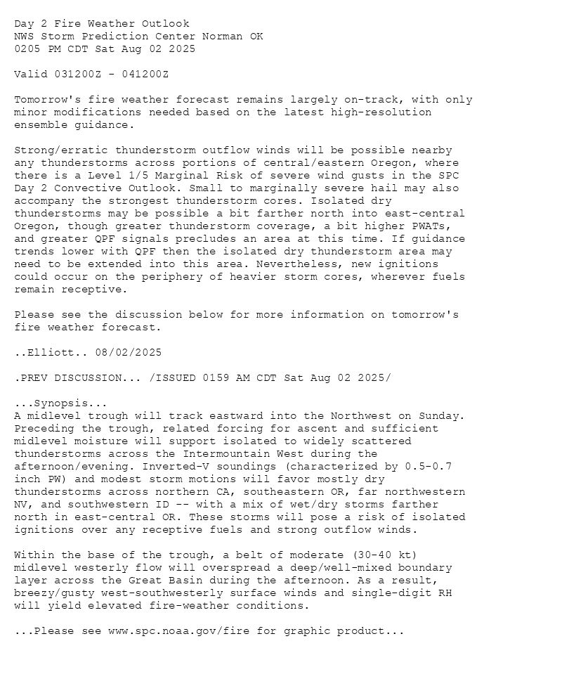 
Day 2 Fire Weather Outlook  
NWS Storm Prediction Center Norman OK
0205 PM CDT Sat Aug 02 2025

Valid 031200Z - 041200Z

Tomorrow's fire weather forecast remains largely on-track, with only
minor modifications needed based on the latest high-resolution
ensemble guidance. 

Strong/erratic thunderstorm outflow winds will be possible nearby
any thunderstorms across portions of central/eastern Oregon, where
there is a Level 1/5 Marginal Risk of severe wind gusts in the SPC
Day 2 Convective Outlook. Small to marginally severe hail may also
accompany the strongest thunderstorm cores. Isolated dry
thunderstorms may be possible a bit farther north into east-central
Oregon, though greater thunderstorm coverage, a bit higher PWATs,
and greater QPF signals precludes an area at this time. If guidance
trends lower with QPF then the isolated dry thunderstorm area may
need to be extended into this area. Nevertheless, new ignitions
could occur on the periphery of heavier storm cores, wherever fuels
remain receptive.  

Please see the discussion below for more information on tomorrow's
fire weather forecast.

..Elliott.. 08/02/2025

.PREV DISCUSSION... /ISSUED 0159 AM CDT Sat Aug 02 2025/

...Synopsis...
A midlevel trough will track eastward into the Northwest on Sunday.
Preceding the trough, related forcing for ascent and sufficient
midlevel moisture will support isolated to widely scattered
thunderstorms across the Intermountain West during the
afternoon/evening. Inverted-V soundings (characterized by 0.5-0.7
inch PW) and modest storm motions will favor mostly dry
thunderstorms across northern CA, southeastern OR, far northwestern
NV, and southwestern ID -- with a mix of wet/dry storms farther
north in east-central OR. These storms will pose a risk of isolated
ignitions over any receptive fuels and strong outflow winds. 

Within the base of the trough, a belt of moderate (30-40 kt)
midlevel westerly flow will overspread a deep/well-mixed boundary
layer across the Great Basin during the afternoon. As a result,
breezy/gusty west-southwesterly surface winds and single-digit RH
will yield elevated fire-weather conditions.

...Please see www.spc.noaa.gov/fire for graphic product...

