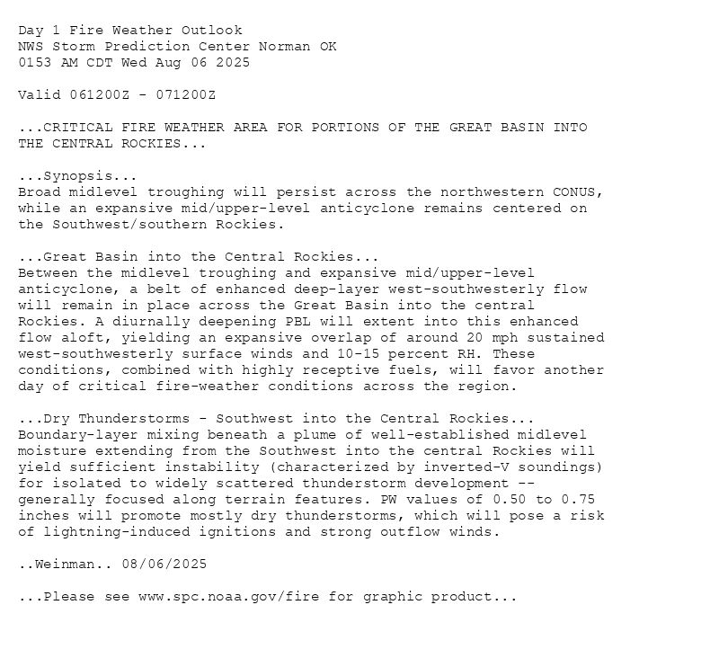 
Day 1 Fire Weather Outlook  
NWS Storm Prediction Center Norman OK
0153 AM CDT Wed Aug 06 2025

Valid 061200Z - 071200Z

...CRITICAL FIRE WEATHER AREA FOR PORTIONS OF THE GREAT BASIN INTO
THE CENTRAL ROCKIES...

...Synopsis...
Broad midlevel troughing will persist across the northwestern CONUS,
while an expansive mid/upper-level anticyclone remains centered on
the Southwest/southern Rockies.

...Great Basin into the Central Rockies...
Between the midlevel troughing and expansive mid/upper-level
anticyclone, a belt of enhanced deep-layer west-southwesterly flow
will remain in place across the Great Basin into the central
Rockies. A diurnally deepening PBL will extent into this enhanced
flow aloft, yielding an expansive overlap of around 20 mph sustained
west-southwesterly surface winds and 10-15 percent RH. These
conditions, combined with highly receptive fuels, will favor another
day of critical fire-weather conditions across the region. 

...Dry Thunderstorms - Southwest into the Central Rockies...
Boundary-layer mixing beneath a plume of well-established midlevel
moisture extending from the Southwest into the central Rockies will
yield sufficient instability (characterized by inverted-V soundings)
for isolated to widely scattered thunderstorm development --
generally focused along terrain features. PW values of 0.50 to 0.75
inches will promote mostly dry thunderstorms, which will pose a risk
of lightning-induced ignitions and strong outflow winds.

..Weinman.. 08/06/2025

...Please see www.spc.noaa.gov/fire for graphic product...

