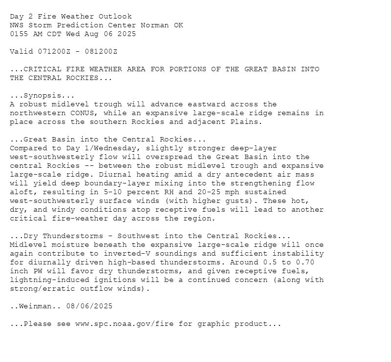 
Day 2 Fire Weather Outlook  
NWS Storm Prediction Center Norman OK
0155 AM CDT Wed Aug 06 2025

Valid 071200Z - 081200Z

...CRITICAL FIRE WEATHER AREA FOR PORTIONS OF THE GREAT BASIN INTO
THE CENTRAL ROCKIES...

...Synopsis...
A robust midlevel trough will advance eastward across the
northwestern CONUS, while an expansive large-scale ridge remains in
place across the southern Rockies and adjacent Plains.

...Great Basin into the Central Rockies...
Compared to Day 1/Wednesday, slightly stronger deep-layer
west-southwesterly flow will overspread the Great Basin into the
central Rockies -- between the robust midlevel trough and expansive
large-scale ridge. Diurnal heating amid a dry antecedent air mass
will yield deep boundary-layer mixing into the strengthening flow
aloft, resulting in 5-10 percent RH and 20-25 mph sustained
west-southwesterly surface winds (with higher gusts). These hot,
dry, and windy conditions atop receptive fuels will lead to another
critical fire-weather day across the region. 

...Dry Thunderstorms - Southwest into the Central Rockies...
Midlevel moisture beneath the expansive large-scale ridge will once
again contribute to inverted-V soundings and sufficient instability
for diurnally driven high-based thunderstorms. Around 0.5 to 0.70
inch PW will favor dry thunderstorms, and given receptive fuels,
lightning-induced ignitions will be a continued concern (along with
strong/erratic outflow winds).

..Weinman.. 08/06/2025

...Please see www.spc.noaa.gov/fire for graphic product...

