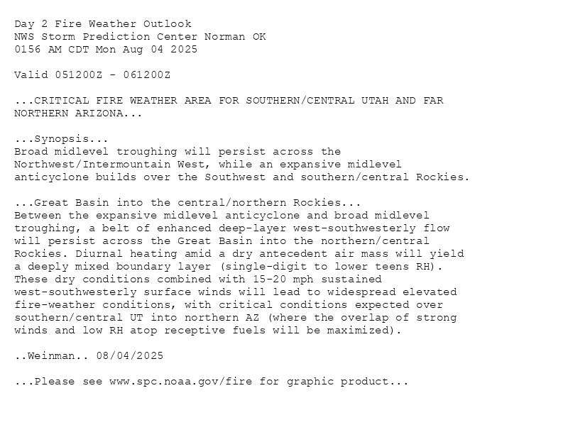 
Day 2 Fire Weather Outlook  
NWS Storm Prediction Center Norman OK
0156 AM CDT Mon Aug 04 2025

Valid 051200Z - 061200Z

...CRITICAL FIRE WEATHER AREA FOR SOUTHERN/CENTRAL UTAH AND FAR
NORTHERN ARIZONA...

...Synopsis...
Broad midlevel troughing will persist across the
Northwest/Intermountain West, while an expansive midlevel
anticyclone builds over the Southwest and southern/central Rockies. 

...Great Basin into the central/northern Rockies...
Between the expansive midlevel anticyclone and broad midlevel
troughing, a belt of enhanced deep-layer west-southwesterly flow
will persist across the Great Basin into the northern/central
Rockies. Diurnal heating amid a dry antecedent air mass will yield 
a deeply mixed boundary layer (single-digit to lower teens RH).
These dry conditions combined with 15-20 mph sustained
west-southwesterly surface winds will lead to widespread elevated
fire-weather conditions, with critical conditions expected over
southern/central UT into northern AZ (where the overlap of strong
winds and low RH atop receptive fuels will be maximized).

..Weinman.. 08/04/2025

...Please see www.spc.noaa.gov/fire for graphic product...

