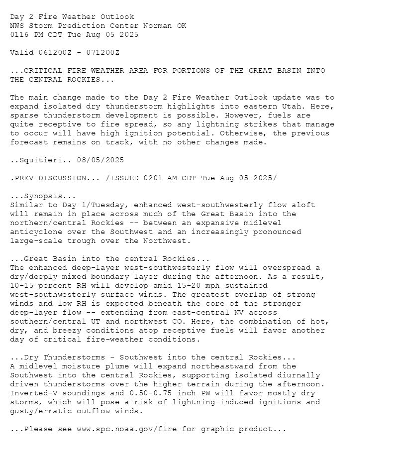 
Day 2 Fire Weather Outlook  
NWS Storm Prediction Center Norman OK
0116 PM CDT Tue Aug 05 2025

Valid 061200Z - 071200Z

...CRITICAL FIRE WEATHER AREA FOR PORTIONS OF THE GREAT BASIN INTO
THE CENTRAL ROCKIES...

The main change made to the Day 2 Fire Weather Outlook update was to
expand isolated dry thunderstorm highlights into eastern Utah. Here,
sparse thunderstorm development is possible. However, fuels are
quite receptive to fire spread, so any lightning strikes that manage
to occur will have high ignition potential. Otherwise, the previous
forecast remains on track, with no other changes made.

..Squitieri.. 08/05/2025

.PREV DISCUSSION... /ISSUED 0201 AM CDT Tue Aug 05 2025/

...Synopsis...
Similar to Day 1/Tuesday, enhanced west-southwesterly flow aloft
will remain in place across much of the Great Basin into the
northern/central Rockies -- between an expansive midlevel
anticyclone over the Southwest and an increasingly pronounced
large-scale trough over the Northwest. 

...Great Basin into the central Rockies...
The enhanced deep-layer west-southwesterly flow will overspread a
dry/deeply mixed boundary layer during the afternoon. As a result,
10-15 percent RH will develop amid 15-20 mph sustained
west-southwesterly surface winds. The greatest overlap of strong
winds and low RH is expected beneath the core of the stronger
deep-layer flow -- extending from east-central NV across
southern/central UT and northwest CO. Here, the combination of hot,
dry, and breezy conditions atop receptive fuels will favor another
day of critical fire-weather conditions. 

...Dry Thunderstorms - Southwest into the central Rockies...
A midlevel moisture plume will expand northeastward from the
Southwest into the central Rockies, supporting isolated diurnally
driven thunderstorms over the higher terrain during the afternoon.
Inverted-V soundings and 0.50-0.75 inch PW will favor mostly dry
storms, which will pose a risk of lightning-induced ignitions and
gusty/erratic outflow winds.

...Please see www.spc.noaa.gov/fire for graphic product...

