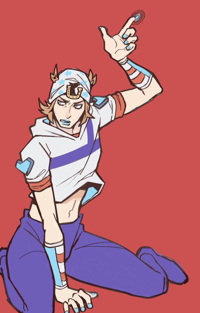 Illustration of Johnny Joestar from JoJo's Bizarre Adventure: Steel Ball Run (Part 7). He is sitting on the ground with one hand pointing upward. A nail is spinning above the pointed finger. 
