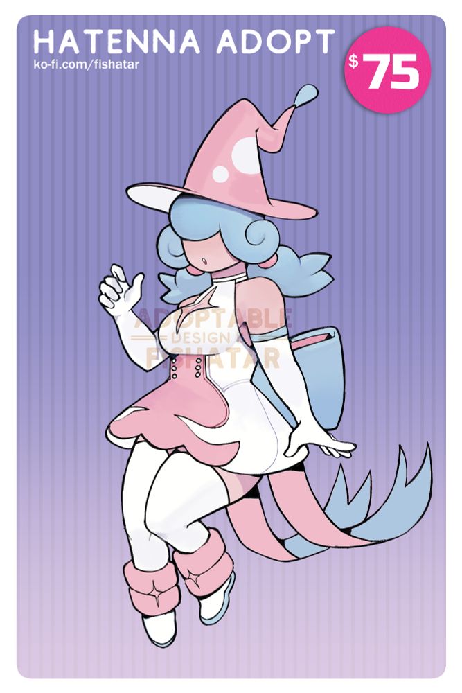 Gijinka of Hatenna from Pokemon. Text reads: Hatenna adopt, $75, ko-fi.com/fishatar