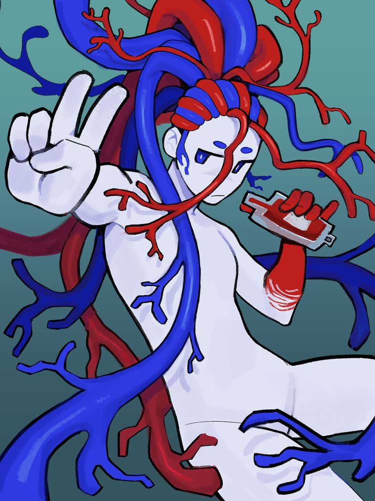Pale character throwing up a peace sign while sipping on a blood bag. Their hair is made up of blue & red veins 