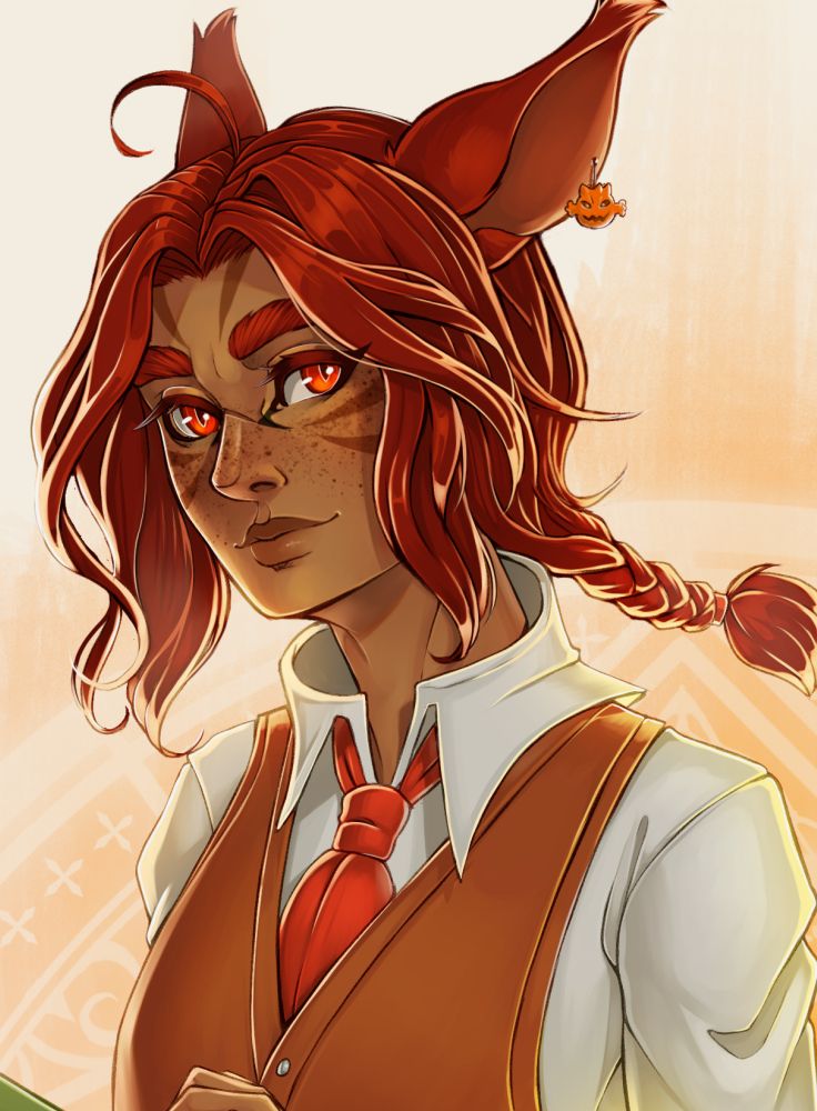 A close-up of the well-dressed, svelte miqo'te to show some details of his face.