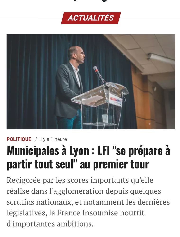 Article de Lyon Mag : "Municipales à Lyon : LFI se prépare à partir tout seul au premier tour".