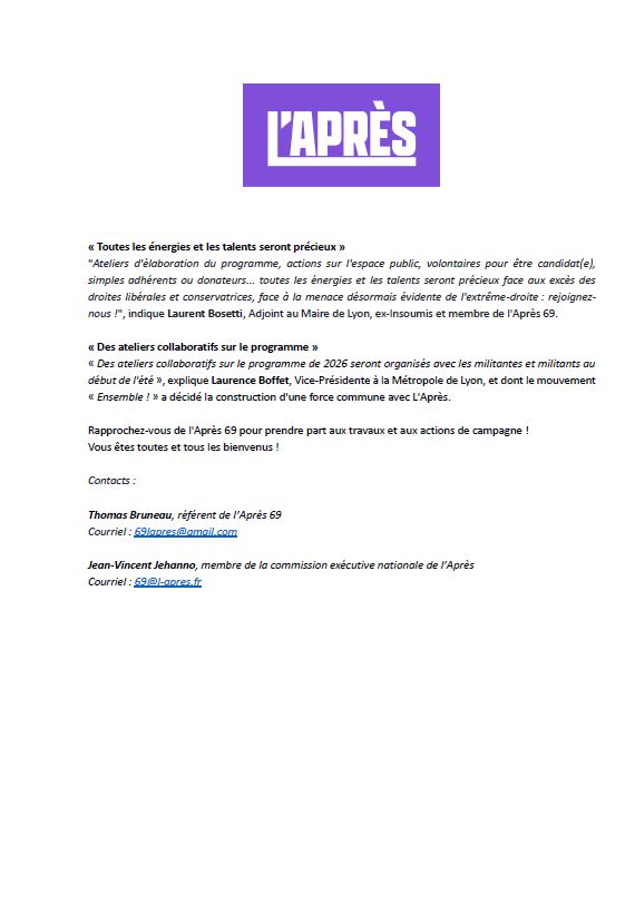 Communiqué de presse "Clémentine Autain appelle à rejoindre l'APRES pour favoriser la dynamique unitaire dans le Rhône en 2026"
