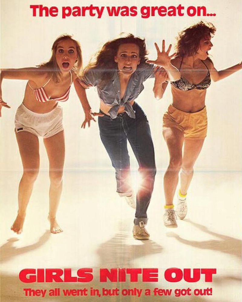 Three women rush in fear away from a light source in on of the many posters for 1982’s GIRLS NITE OUT. 