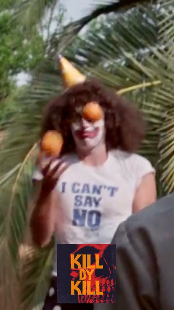 A clown juggling oranges with a tee shirt that says, “I can’t say no”