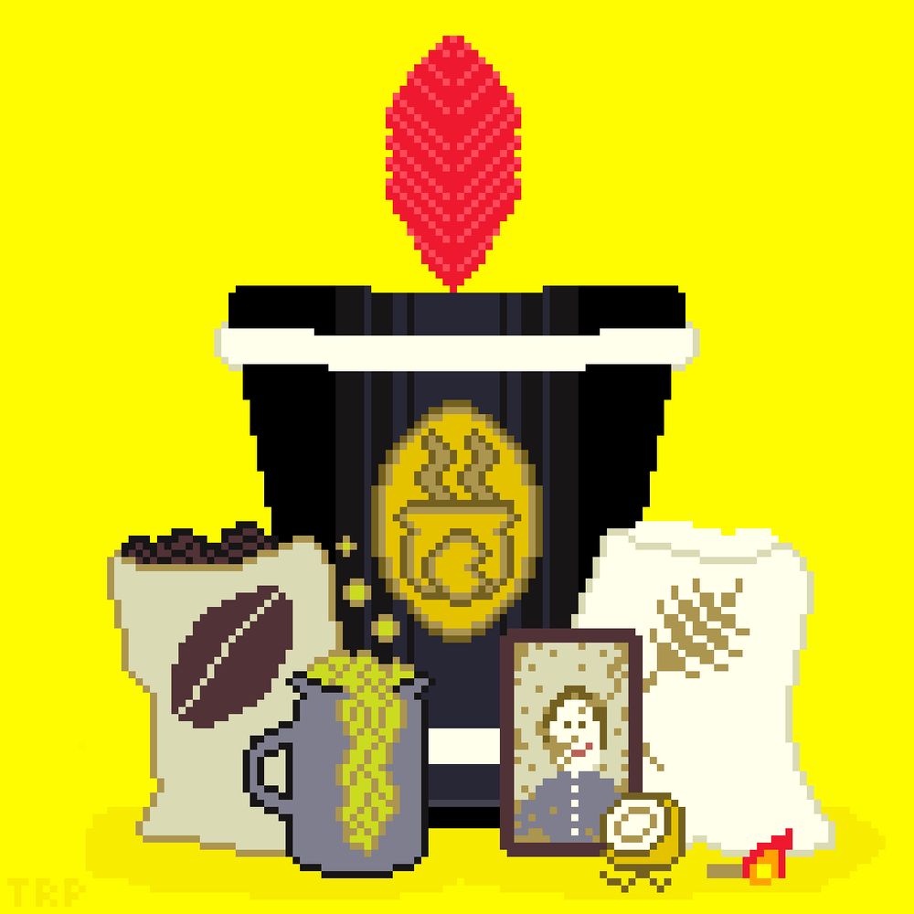 Against a yellow background there is a black hat with a red feather and medallion displaying a pot of soup and a wheel of cheese. In front are a bag of coffee beans, a mug with a bubbling liquid, a creepy portrait, half an onion, a bag of flour, and a lit match.