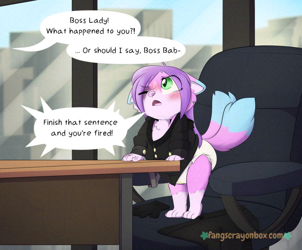 Cat/kitsune hybrid, regressed into a baby in her office with her adult clothes loosely piled around her except for a baby diaper.