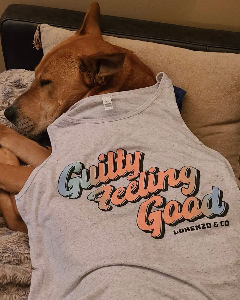 Lorenzo the dog lying on a couch with his eyes closed and a band tank top (which reads “Guilty Feeling Good in a blue-and-pink gradient stylized font”) draped over him like a blanket.