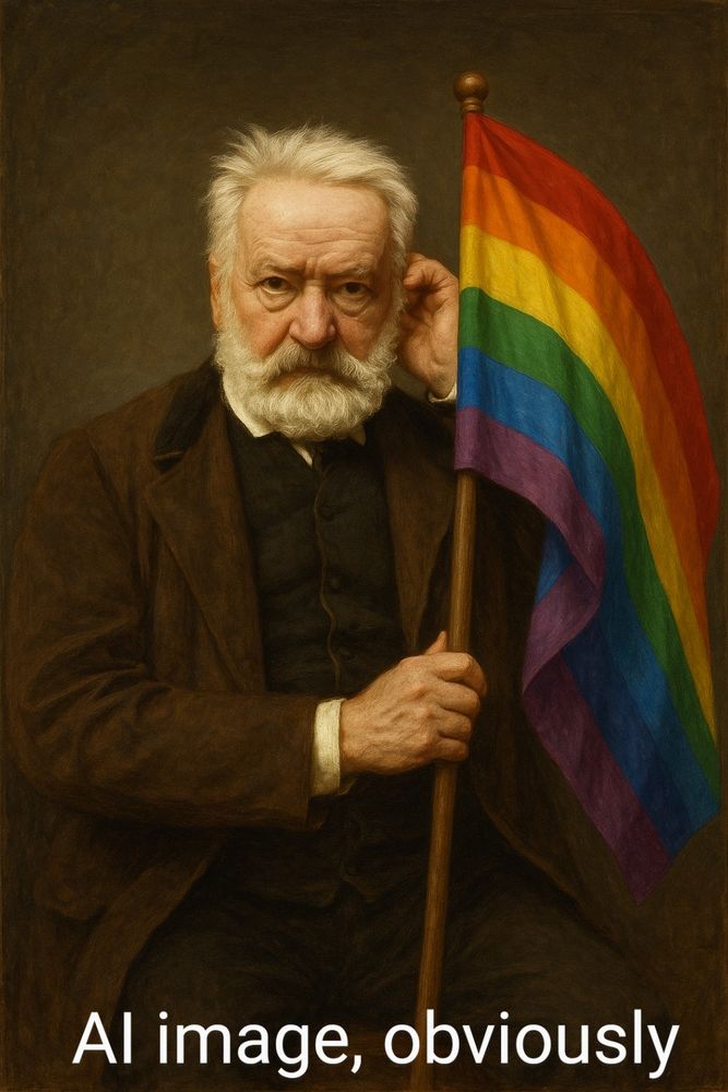 An AI-generated image of Hugo holding a Pride flag.