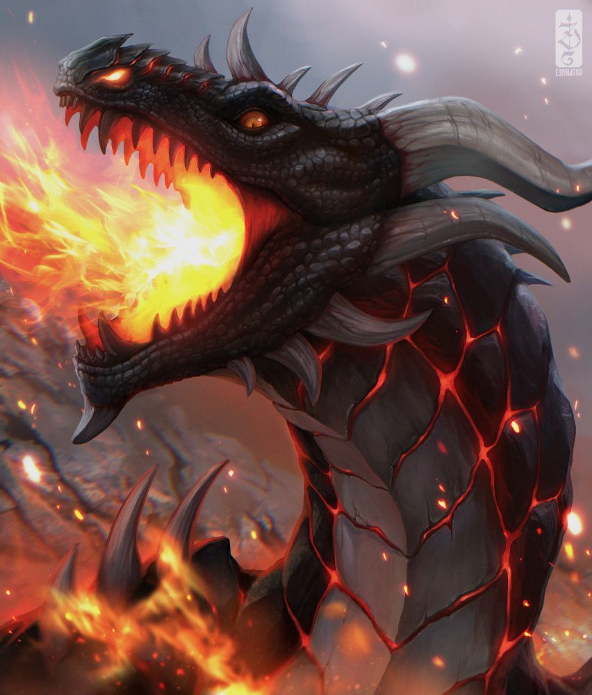 A closeup of the black firedragon Zagorath spitting fire.
