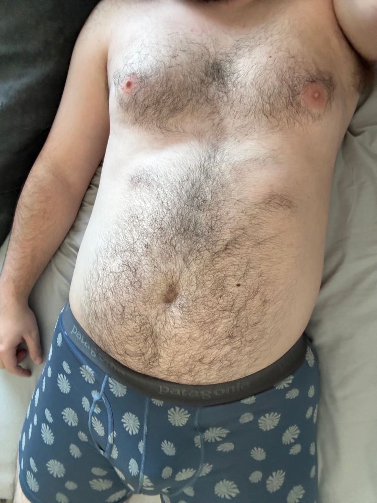 Hairy man in boxer briefs laying on a bed in front of the camera