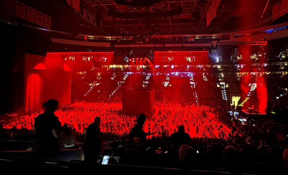 My view of the three stages as Boyz Noise warms up the crowd on the right stage