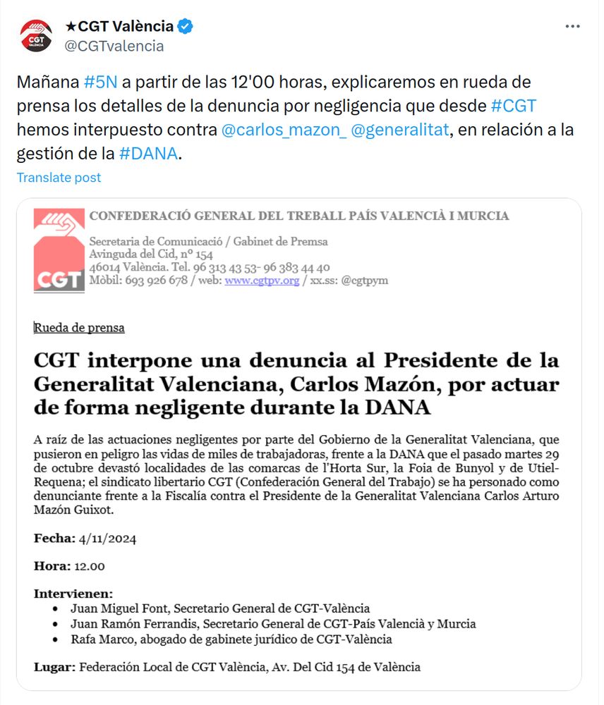 Screenshot of CGT's message: tomorrow #5N starting at 12:00, CGT will explain in a press conference the details of the complaint for negligence that they have filed against Carlos Mazón in relation to the management of #DANA.