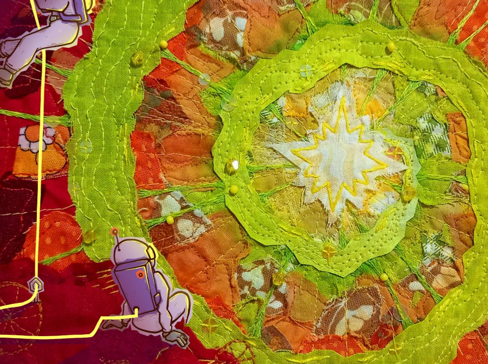 2 astronauts; one on a rope and another sat on top of a tree, are looking towards a star covered by vines. The root of the tree and vines start at the star and spiral out. Further away from the star the tree colours look more like fall trees. 
