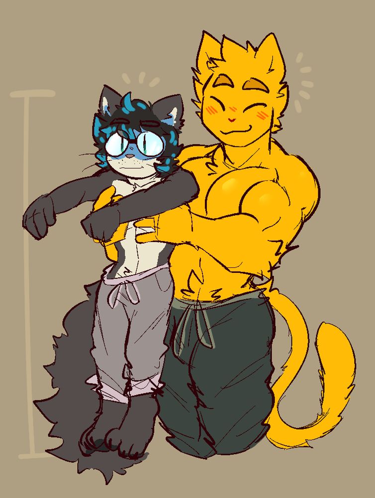 my fursona, gato (he) is carrying my friend's fursona, felix (they). referencing the "longcat" meme. they r both wearing nothing but sweatpants, and whilst gato has a pleased face, felix is more poker-faced abt this.