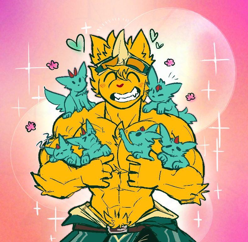 My fursona gato (he/him) us shirtless and with his summoner headband (singular horn included) as well as the bottom part of his outfit. He is holding 4 little baby carbuncle puppies, while 2 little baby carbuncle puppies are resting over each of his shoulders. He has a big smile on and the background is very pink sparkle and has some shoujou bubbles.