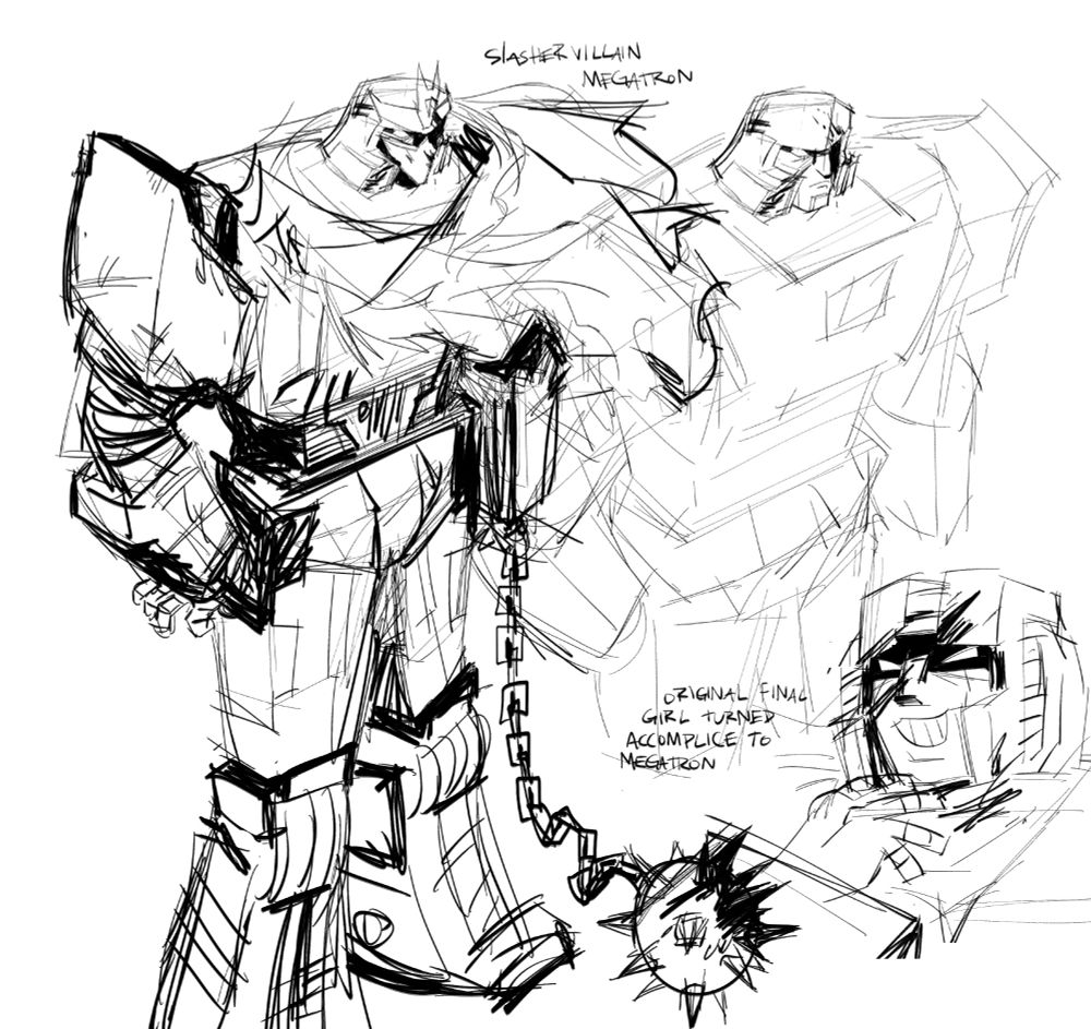 A drawing of Megatron from Transformers standing. He is wearing a ragged cloak like in the film Dark of the Moon and a mask of Megatronus Prime's face. His left hand is replaced with his energon mace, and writing above him reads "Slasher villain Megatron." Starscream is in the corner with writing that reads "Original final girl turned accomplice to Megatron"