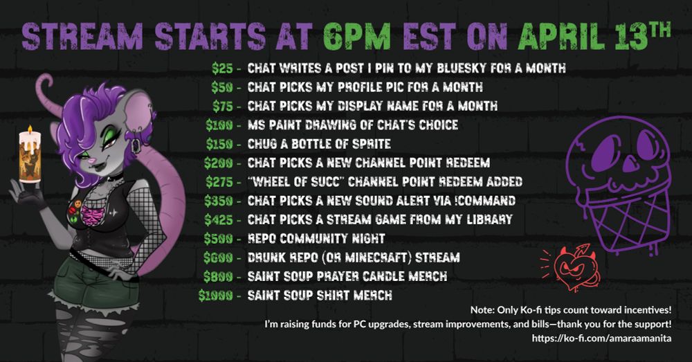 Punk opossum with purple hair holds a cat candle, standing next to a list of donation tiers for a stream starting at 6 PM EST on April 13th.