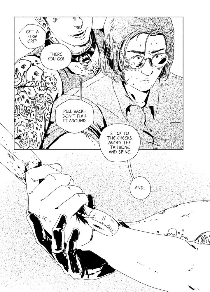 page from 39 steps underground of a man grabbing another mans arm from behind