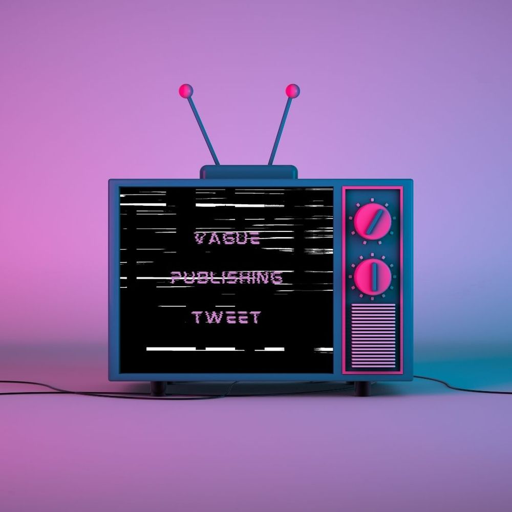 A retro-looking TV with antenna sits on the floor in front of a purplish-blue background. The words "Vague Publishing Tweet" appear on the TV screen with static.