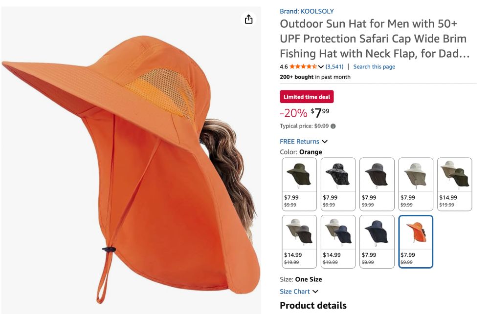A ridiculous sun hat. Which is essentially a safari hat—wide round brim, and vents on the temples. With a long neck flap going down the back. 

For some reason, the orange version has a brown ponytail coming off the back of the hat. The other versions of the hat do not have the ponytail. 