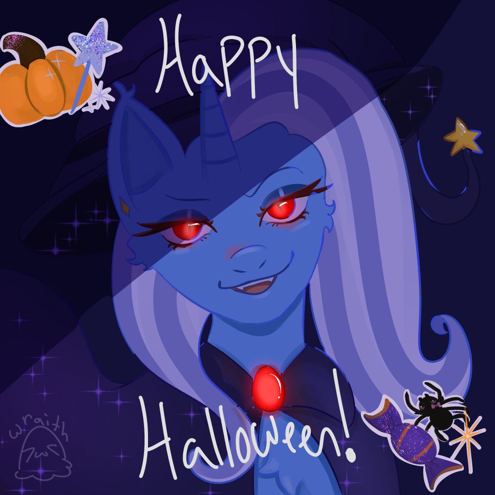 A drawing of Trixie from my little pony that says "Happy Halloween!" with halloween themed stickers on the side.