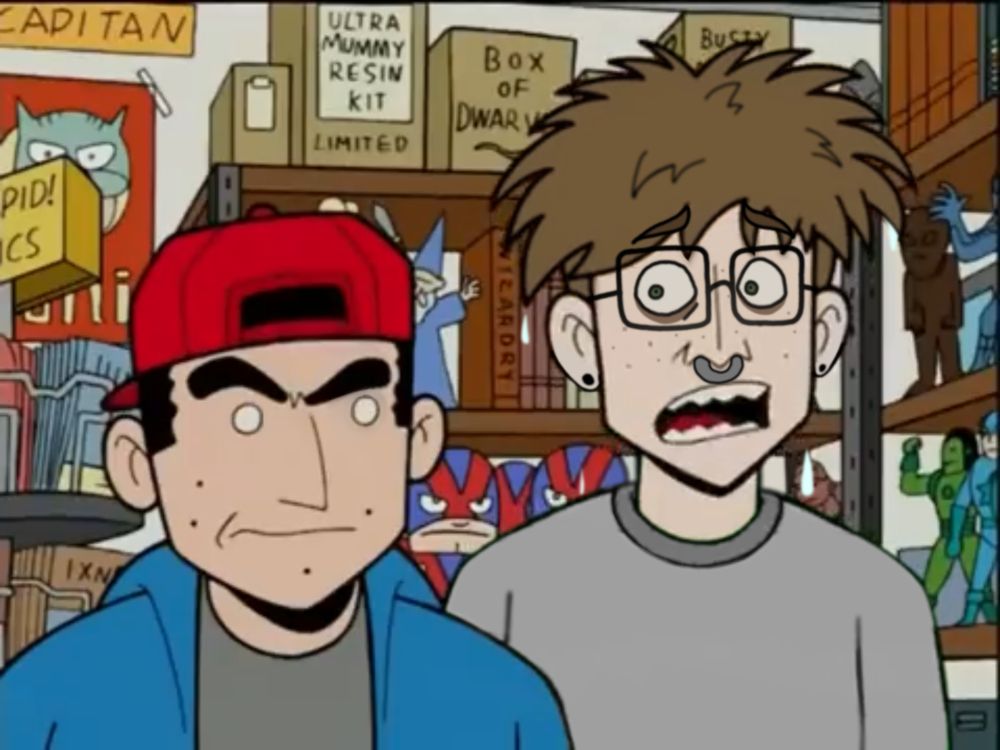 Ska looking over at pete in fear after josh and bill declair a 'trivia off'.