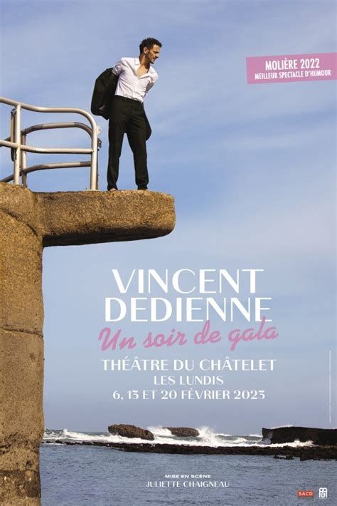 affiche du spectacle Un soir de gala de Vincent Dedienne. On voit Vincent en costume noir, en train de retirer sa veste, sur un genre de plongeoir en pierre avec la mer en dessous