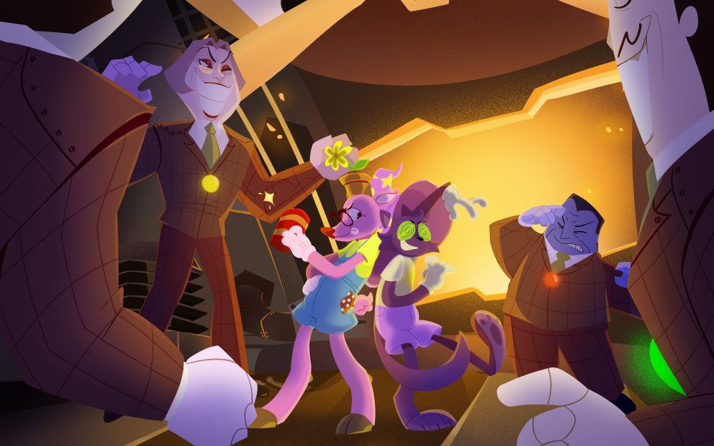 toontown art of a pink deer and purple cat toon fighting a group of cogs in front of the toontown rewritten fan boss "the boiler". the deer is holding a TNT gag 