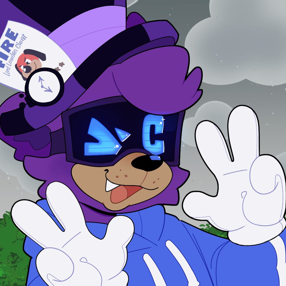Art of a purple cat toon making a double peace sign and winking to the camera, a digital screen mask where his eyes are