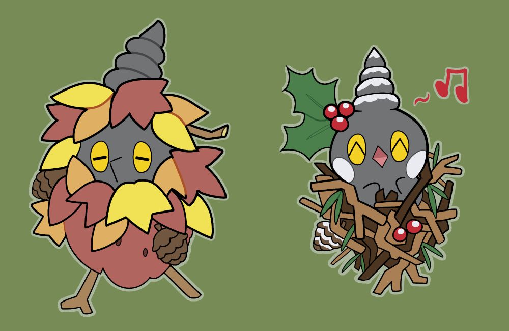 art of two burmy from pokemon, one is covered in autumn leaves and twigs, while the other one has hollyberries, sticks, pine cones, and pine needles