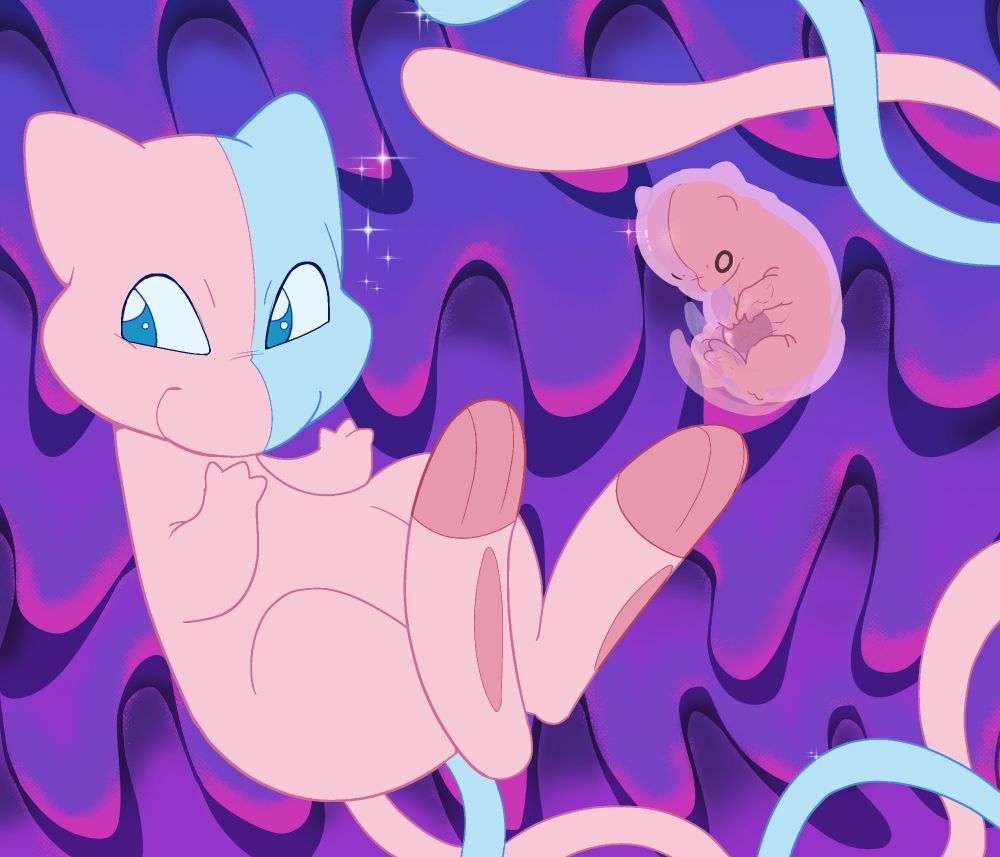 a drawing of mew from pokemon over a wavy purple and pink background. it has a chimera cat esque color pattern with its regular pink form and its blue shiny form, and it has two tails wrapped around each other in a double helix pattern. nearby, a fetal version of mew meant to resemble a cat embryo is floating