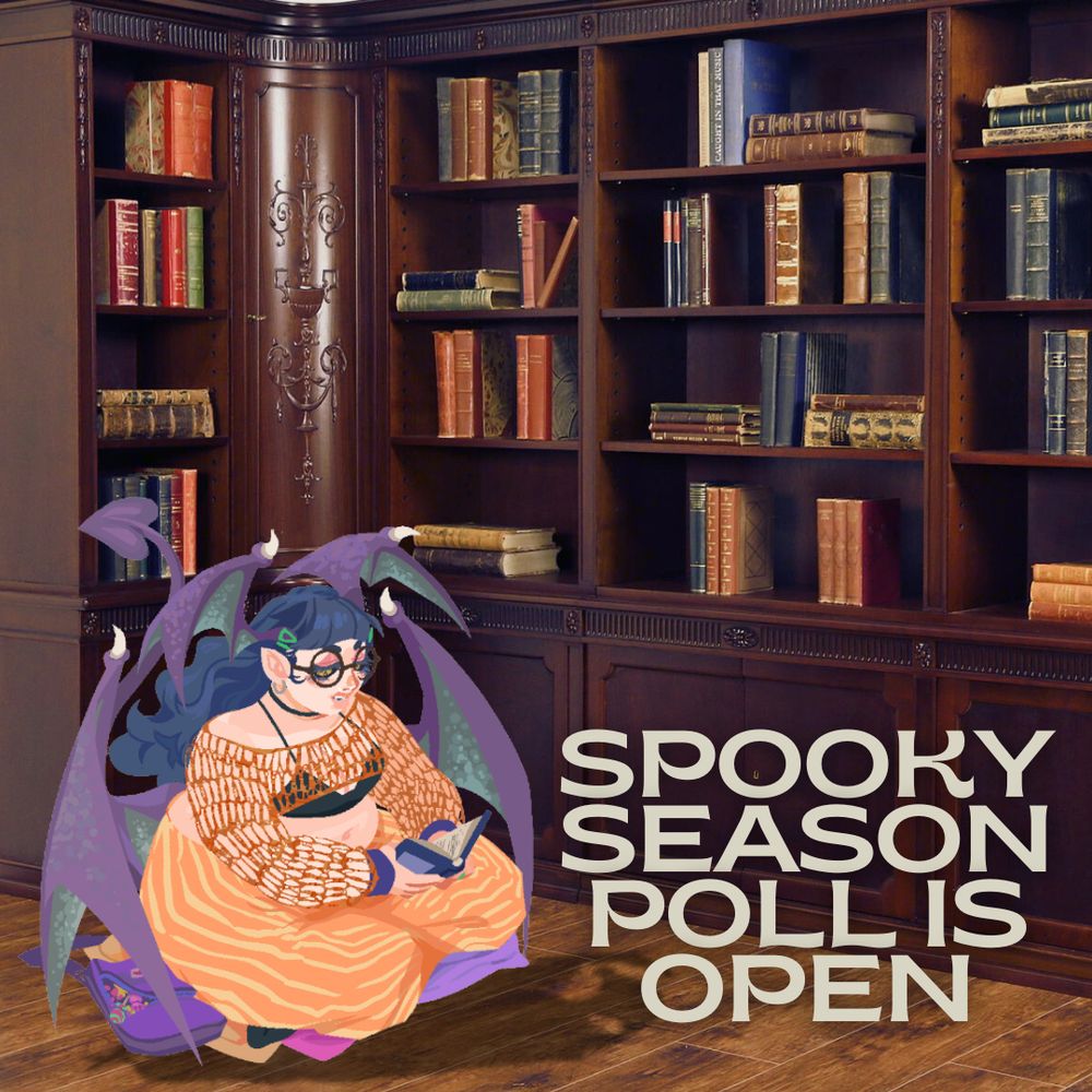 Sucre reads in her pjs in an old library with the words "Spooky Season Poll Is Open".
