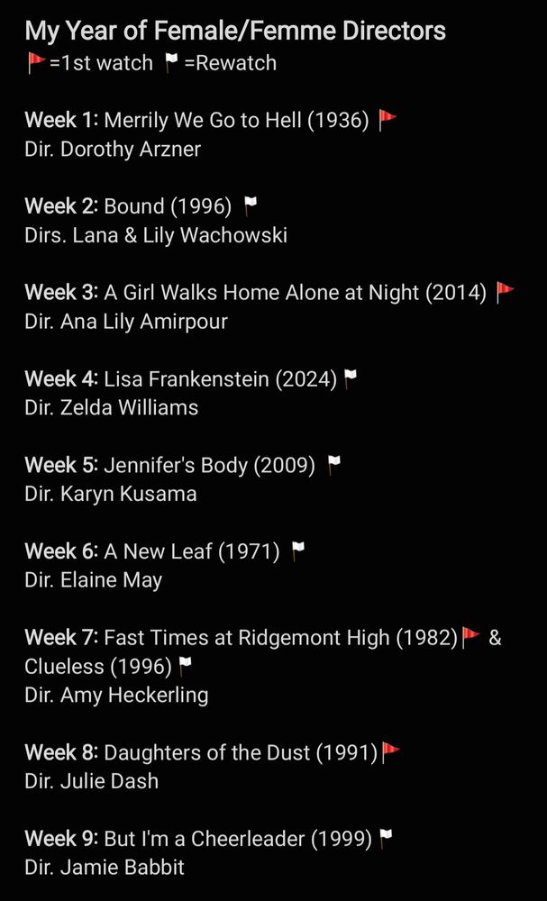 My Year of Female/Femme Directors

Week 1: Merrily We Go to Hell (1936)
Dir. Dorothy Arzner (First Time Watched)

Week 2: Bound (1996) 🏳
Dirs. Lana & Lily Wachowski (Rewatch)

Week 3: A Girl Walks Home Alone at Night (2014)
Dir. Ana Lily Amirpour (First Time Watched)

Week 4: Lisa Frankenstein (2024
Dir. Zelda Williams (Rewatch)

Week 5: Jennifer's Body (2009)
Dir. Karyn Kusama (Rewatch)

Week 6: A New Leaf (1971)
Dir. Elaine May (Rewatch)

Week 7: Fast Times at Ridgemont High (1982) (First Time Watched) &
Clueless (1996) (Rewatch)
Dir. Amy Heckerling

Week 8: Daughters of the Dust (1991)
Dir. Julie Dash (First Time Watched)

Week 9: But I'm a Cheerleader (1999)
Dir. Jamie Babbit (Rewatch)