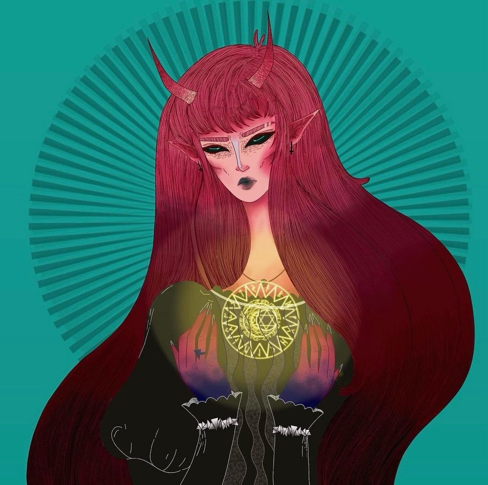 A demon woman with very long thick red hair holds her palms to her chest and a glowing sun symbol floats between them. The whites of her eyes are black and there is a ring of light instead of irises.