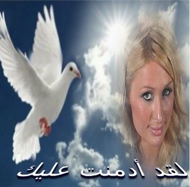 paris hilton com um texto em árabe, foto de pomba branca, céu com nuvens sol brilhando
