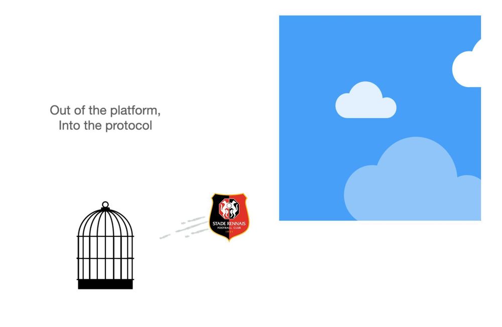 Hommage à https://bsky.app/profile/jay.bsky.team/post/3lbd2eav4x22r, avec cette slide ayant été montrée à Twitter pour la création de BS, et détournée ici pour montrer un logo du SRFC au lieu de l'oiseau bleu de twitter, entre la cage et le ciel bleu. Le texte dit "Out of the platform, into the protocol".