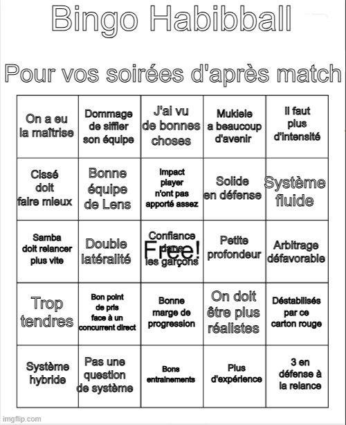 Grille bingo habibbal avec pleins de lieux communs susceptibles d'être dits par Beye en après match.