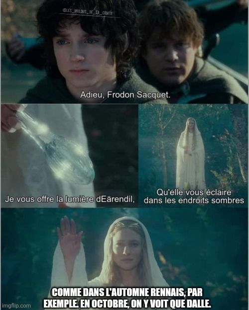 Captures d'écran du Seigneur des Anneaux. Galadriel : "Adieu, Frodon Sacquet. Je vous offre la lumière d'Eärendil. Qu'elle vous éclaire dans les endroits sombres. Comme dans l'automne rennais, par exemple. En Octobre, on y voit que dalle."